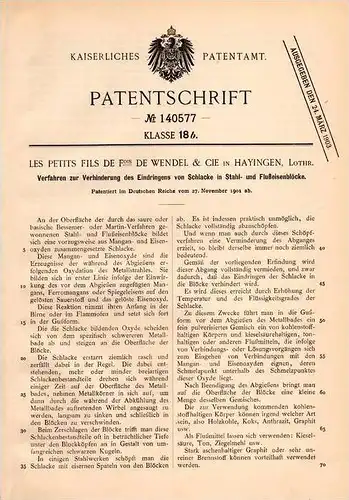 Original Patentschrift - de Wendel & Cie in Hayingen / Hayange i. Lothringen , 1901 , Schlacke in Stahl und Eisen !!!