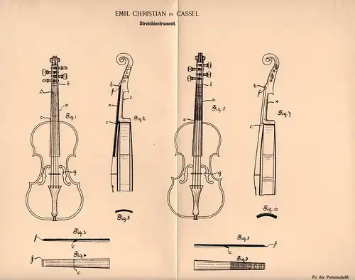 Original Patentschrift - E. Christian in Cassel , 1902 , Streichinstrument , Geige , Violine , Cello !!!