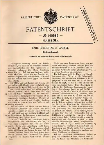 Original Patentschrift - E. Christian in Cassel , 1902 , Streichinstrument , Geige , Violine , Cello !!!