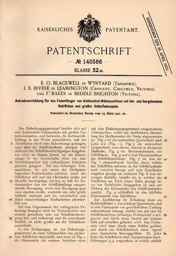 Original Patentschrift - J. Irvine in Wynyard , Leamington und Middle Brighton , 1901 , Ketten - Nähmaschine !!!