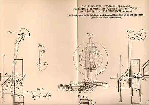 Original Patentschrift - J. Irvine in Wynyard , Leamington und Middle Brighton , 1901 , Ketten - Nähmaschine !!!