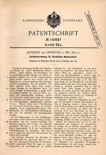 Original Patentschrift - A. van Ophoven in Mill , North Brabant , 1901 , Apparat für Stroh - Nähmaschine !!!