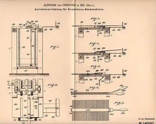 Original Patentschrift - A. van Ophoven in Mill , North Brabant , 1901 , Apparat für Stroh - Nähmaschine !!!