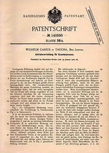 Original Patentschrift - W. Carius in Taucha b. Leipzig , 1902 , Antrieb für Excenterpresse , Presse  !!!