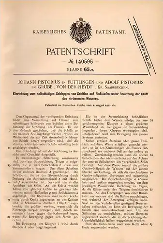 Original Patentschrift - J. Pistiorius in Püttlingen , 1902, Saarbrücken , Apparat zum Schleppen von Schiffen , Schiff