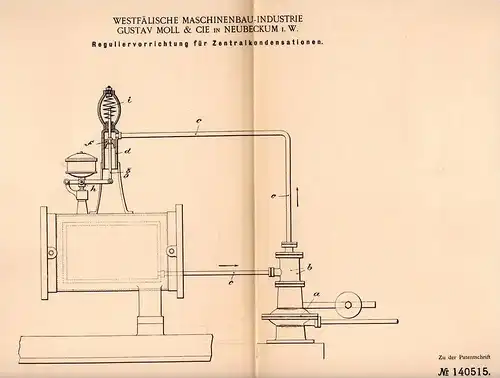 Original Patentschrift - G. Moll & Cie in Neubeckum / Beckum i.W., 1902 , Regulierung für Kondensation !!!