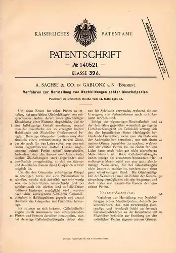 Original Patentschrift - A. Sachse & Co in Gablonz a.N. , 1902 , Herstellung von Muschelperlen , Perlen , Muscheln !!!