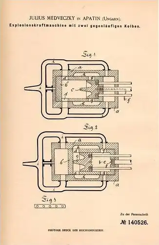 Original Patentschrift - J. Medveczky in Apatin , Ungarn , 1902 , Motor , Explosions - Kraftmaschine !!!