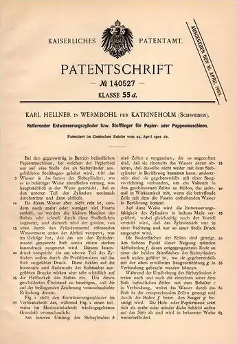 Original Patentschrift - K. Hellner in Wermbohl per Katrineholm , 1902 , Rotierender Cylinder für Papier - Maschine  !!!