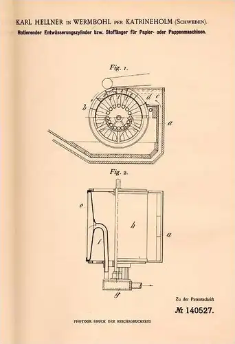 Original Patentschrift - K. Hellner in Wermbohl per Katrineholm , 1902 , Rotierender Cylinder für Papier - Maschine  !!!