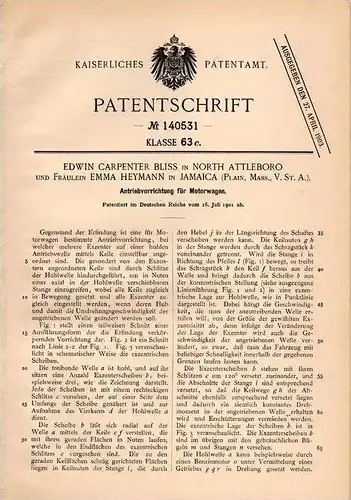 Original Patentschrift - E. Bliss in North Attleboro und Jamaica Plain , 1901 , Antrieb für Automobil , Motorwagen !!!