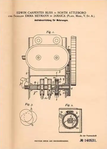 Original Patentschrift - E. Bliss in North Attleboro und Jamaica Plain , 1901 , Antrieb für Automobil , Motorwagen !!!