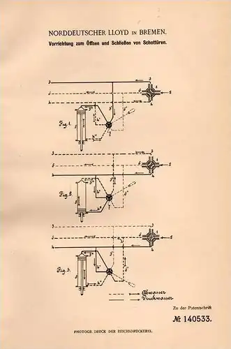 Original Patentschrift - Norddeutscher Lloyd in Bremen , 1902 , Apparat für Schottüren , Schiff , Schiffe !!!