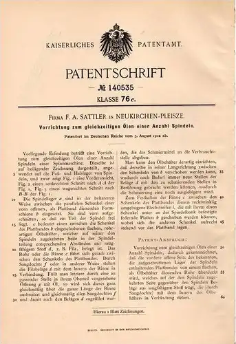 Original Patentschrift - Fa. F. Sattler in Neukirchen - Pleiße , 1902 , Öler für Spindeln , Spinnmaschine , Spinnerei !!