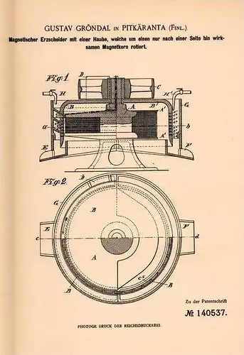 Original Patentschrift - G, Gröndal in Pitkäranta , Finland , 1900 , magnetischer Erzscheider , Erz , Magnet !!!