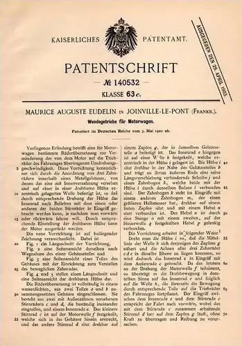 Original Patentschrift - M. Eudelin in Joinville le Pont , 1902 , Getriebe für Automobile , Motorwagen !!!