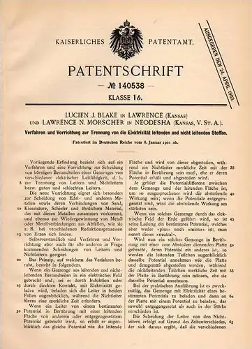 Original Patentschrift - L. Blake und L. Morscher in Neodesha und Lawrence , Kansas , 1901 , Apparat für electricity !!!