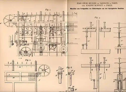 Original Patentschrift - J. Muller und J. Bonnet in Sannois , 1901 , Maschine für Glühstrümpfe !!!