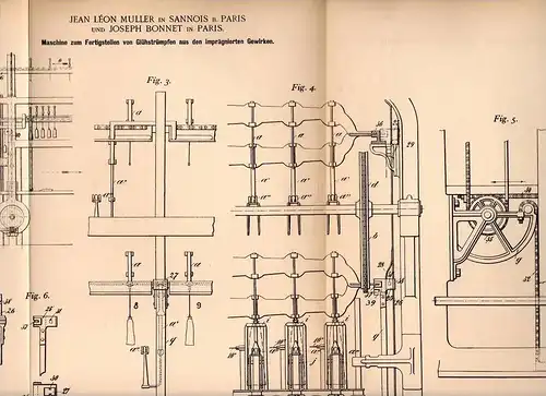 Original Patentschrift - J. Muller und J. Bonnet in Sannois , 1901 , Maschine für Glühstrümpfe !!!