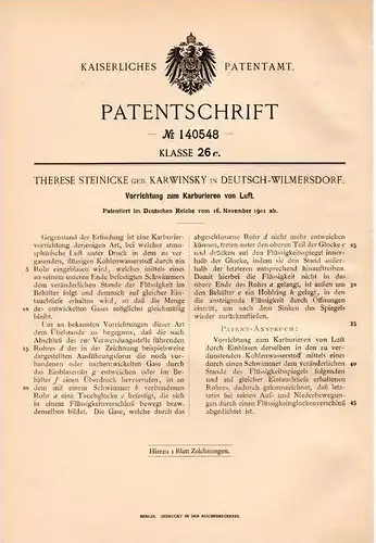 Original Patentschrift - T. Steinicke , geb. Kawinsky in Deutsch - Wilmersdorf , 1901, Karburator für Luft , Vergaser !!