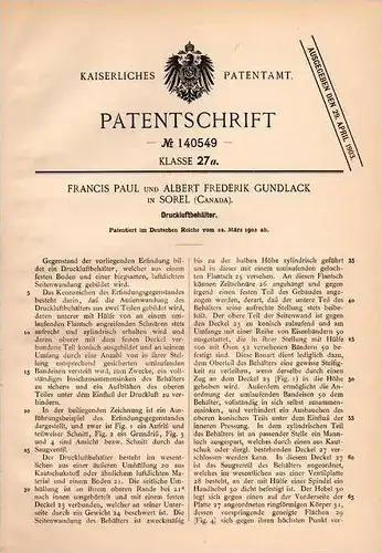 Original Patentschrift - F. Paul und A. Gundlack in Sorel , 1902 , Druckluft - Behälter , Canada !!!