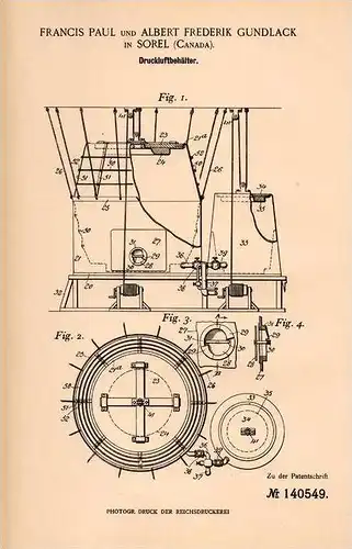 Original Patentschrift - F. Paul und A. Gundlack in Sorel , 1902 , Druckluft - Behälter , Canada !!!