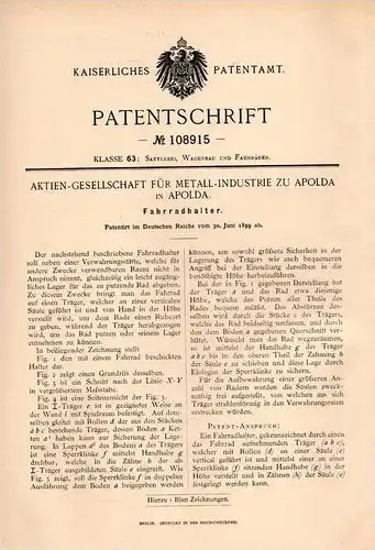 Original Patentschrift - Metall - Industrie AG in Apolda , 1899 , Halter für Fahrrad , Fahrradhalter !!!