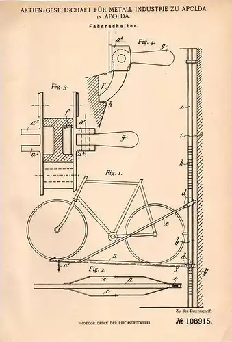 Original Patentschrift - Metall - Industrie AG in Apolda , 1899 , Halter für Fahrrad , Fahrradhalter !!!