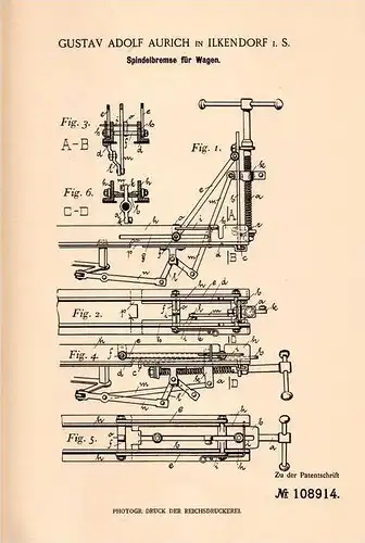 Original Patentschrift - G. Aurich in Ilkendorf i.S. , 1899 , Spindelbremse für Wagen , Automobil , Kutsche !!!