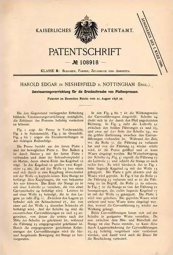 Original Patentschrift - H. Edgar in Netherfield b. Nottingham , 1898 , Steuerung für Plattenpresse , Presse !!!