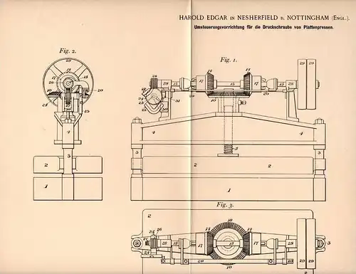 Original Patentschrift - H. Edgar in Netherfield b. Nottingham , 1898 , Steuerung für Plattenpresse , Presse !!!