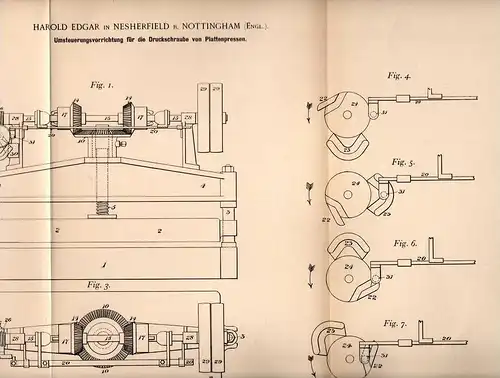 Original Patentschrift - H. Edgar in Netherfield b. Nottingham , 1898 , Steuerung für Plattenpresse , Presse !!!