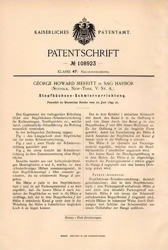 Original Patentschrift - G. Merritt in Sag Harbor , Suffolk , 1899 , Schmierapparat , Kolben , Ventile !!!