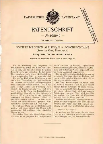 Original Patentschrift - Société d`Artistique in Porchefontaine , Seine , 1899 , Zinkplatte für Druckerei , Druck !!!