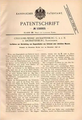 Original Patentschrift - Celluloid-Werke in Aschaffenburg , Schweinheim , 1898, Herstellung von Celluloid - Gegenständen
