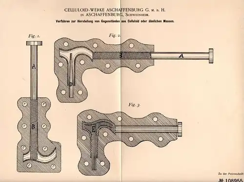 Original Patentschrift - Celluloid-Werke in Aschaffenburg , Schweinheim , 1898, Herstellung von Celluloid - Gegenständen