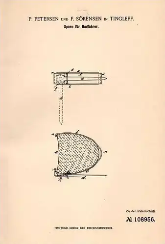Original Patentschrift - P. Petersen und F. Sörensen in Tinglev Sogn / Tingleff ,1899, Sporn für Radfahrer gegen Hunde !