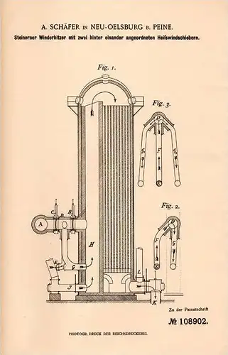 Original Patentschrift - A. Schäfer in Neu Ölsburg / Ilsede b. Peine , 1899 , Winderhitzer aus Stein , Wind !!!