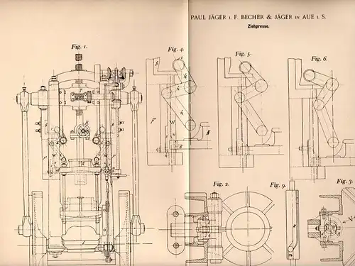 Original Patentschrift - P. Jäger i. Fa. Becher in Aue i.S., 1898 , Ziehpresse , Presse !!!