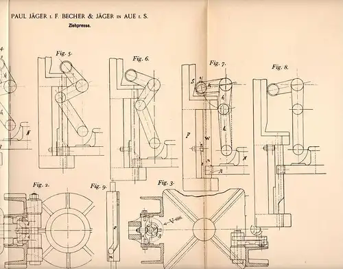 Original Patentschrift - P. Jäger i. Fa. Becher in Aue i.S., 1898 , Ziehpresse , Presse !!!