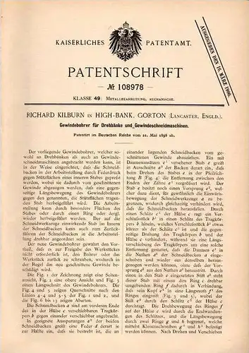 Original Patentschrift - R. Kilburn in High Bank , Gorton , 1898 , Gewindebohrer für Drehbank , Schneidemaschine  !!!