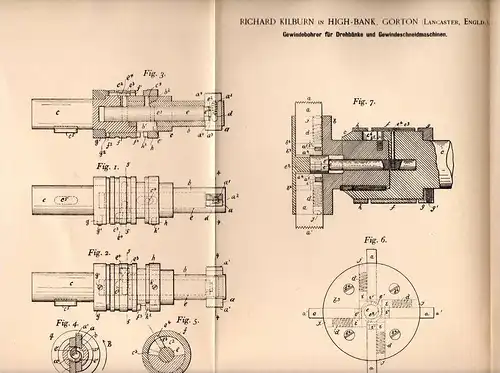 Original Patentschrift - R. Kilburn in High Bank , Gorton , 1898 , Gewindebohrer für Drehbank , Schneidemaschine  !!!