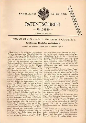 Original Patentschrift - H. Werner & P. Pfleiderer in Cannstatt ,1898,Apparat f. Backware , Bäcker , Bäckerei , Konditor