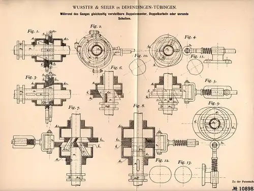 Original Patentschrift - Wurster & Seiler in Derendingen - Tübingen , 1898 , verstellbare Doppel - Excenter !!!
