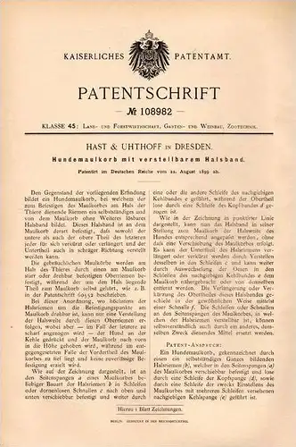 Original Patentschrift - Hast & Uhthoff in Dresden , 1899 , Maulkorb mit Halsband für Hunde , Hund !!!