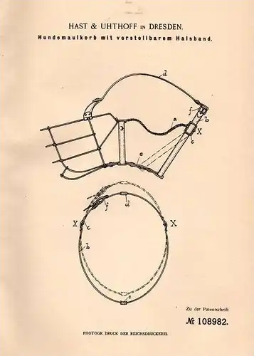 Original Patentschrift - Hast & Uhthoff in Dresden , 1899 , Maulkorb mit Halsband für Hunde , Hund !!!