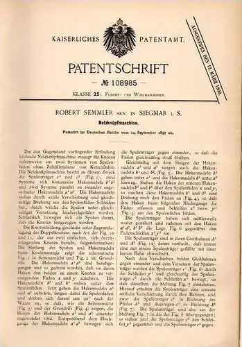 Original Patentschrift - R. Semmler in Siegmar - Chemnitz i.S., 1897 , Netzknüpfmaschine , Knüpfen !!!