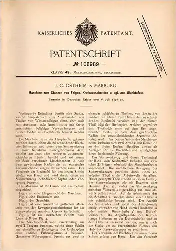 Original Patentschrift - J.C. Ostheim in Marburg , 1898 , Maschine zum Stanzen von Felgen aus Blech !!!