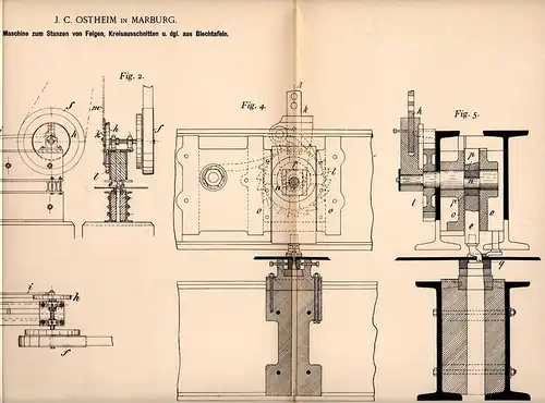 Original Patentschrift - J.C. Ostheim in Marburg , 1898 , Maschine zum Stanzen von Felgen aus Blech !!!