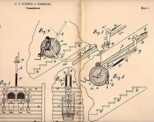 Original Patentschrift - C. Rodeck in Hamburg , 1898 , Fahrrad für Treppen , Treppenfahrrad , Treppenhaus !!!